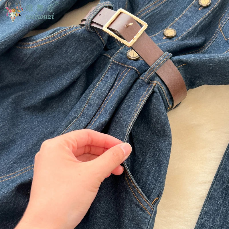 Autumn New Retro Style Quality Women's Split Denim Dress with Belt Fashion Long Jean Skirt Lady Elegant Vacation Cowboy Outfit