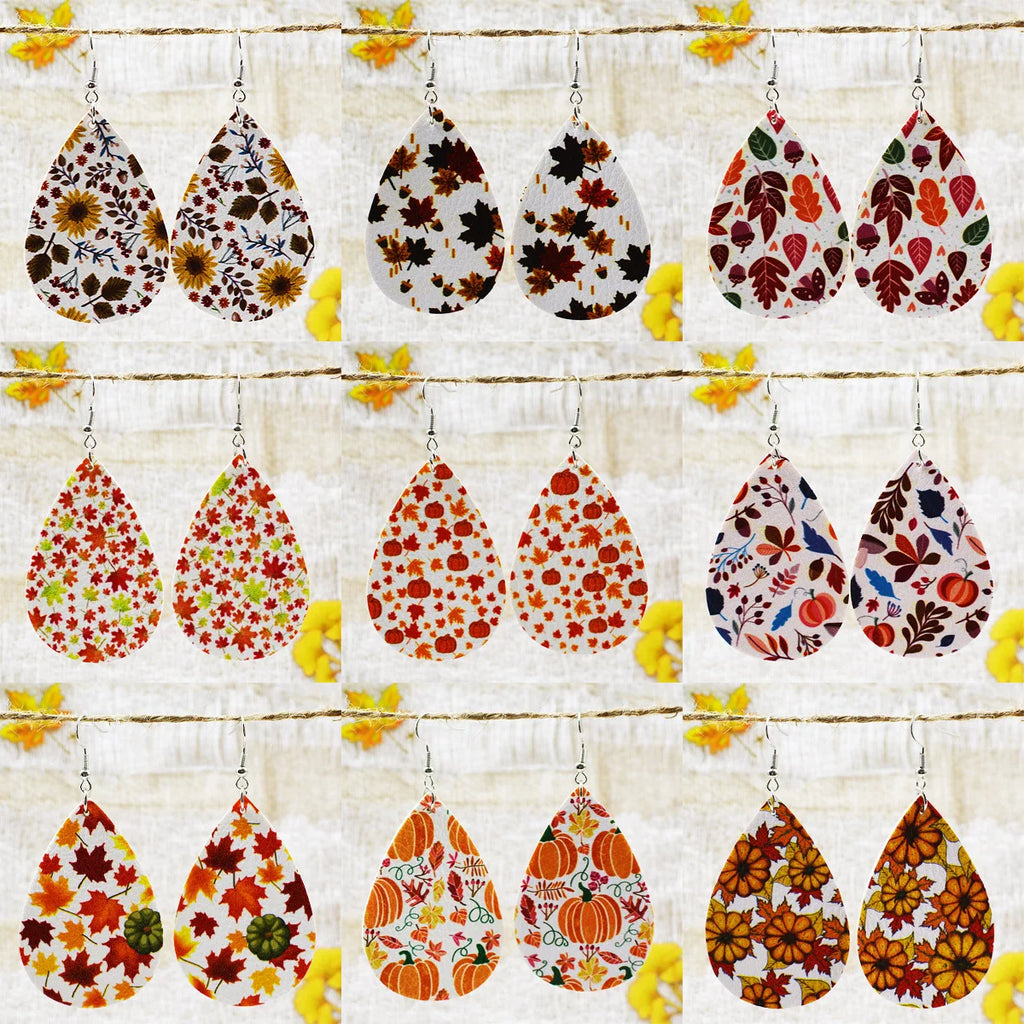 2022 Fall Thanksgiving Maple Leaf Chinese Restaurant Pumpkin Sunflower Drop Shaped PU Leather Earrings
