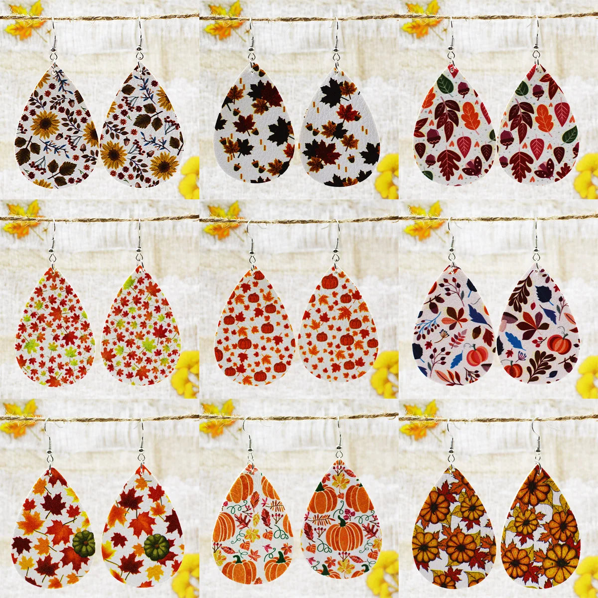 2022 Fall Thanksgiving Maple Leaf Chinese Restaurant Pumpkin Sunflower Drop Shaped PU Leather Earrings