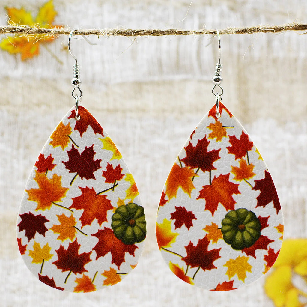 2022 Fall Thanksgiving Maple Leaf Chinese Restaurant Pumpkin Sunflower Drop Shaped PU Leather Earrings