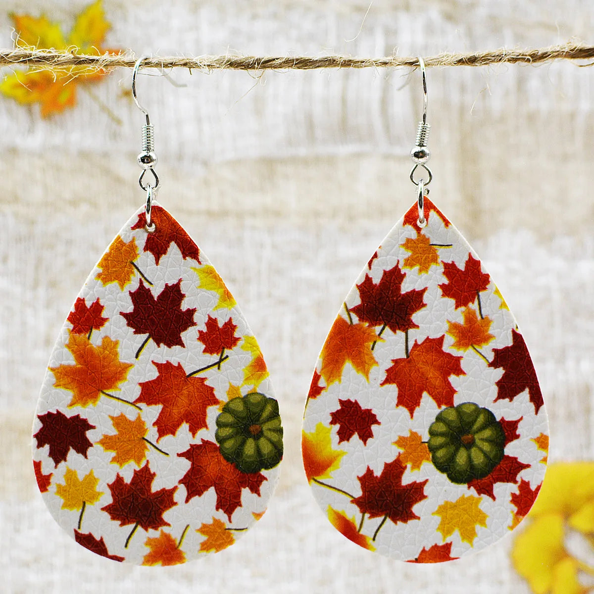 2022 Fall Thanksgiving Maple Leaf Chinese Restaurant Pumpkin Sunflower Drop Shaped PU Leather Earrings