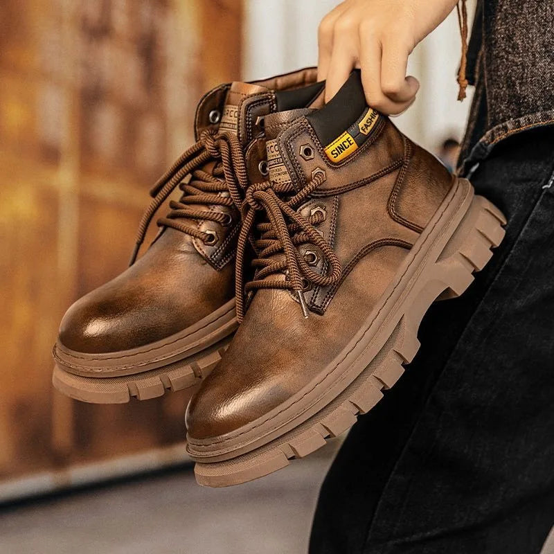 Vintage Men Platform Ankle Boots Autumn Winter British Chelsea Leather Boots Outdoor Non Slip Warm Casual Work Boot Botas Hombre