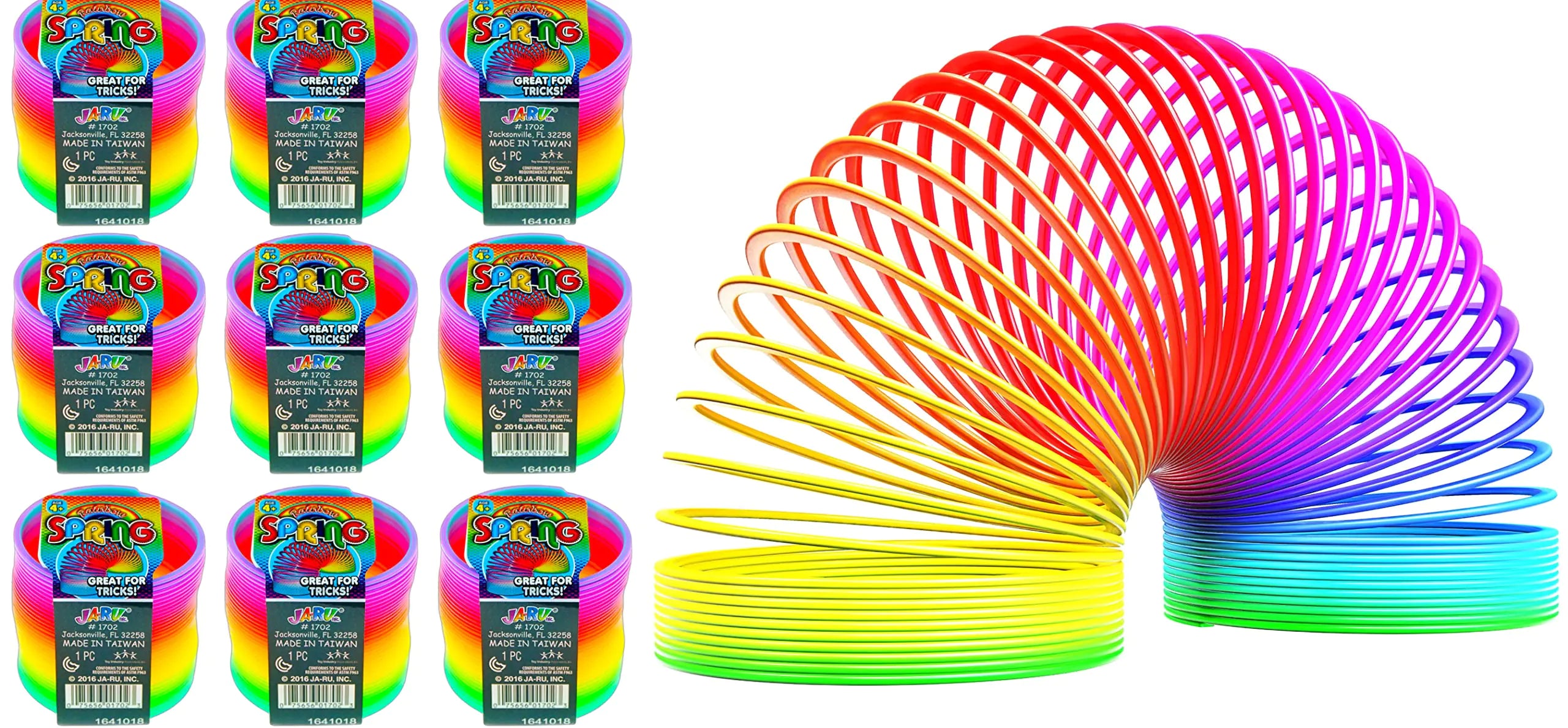 JA-RU Big Magic Rainbow Color Spring Pack (9 Units) Original Plastic Coil Fidget Toy | Kids Toy for Girls & Boys | Colorful Neon Color Sensory Vintage Toys. Includes 1 Bouncy Ball 1702-9s