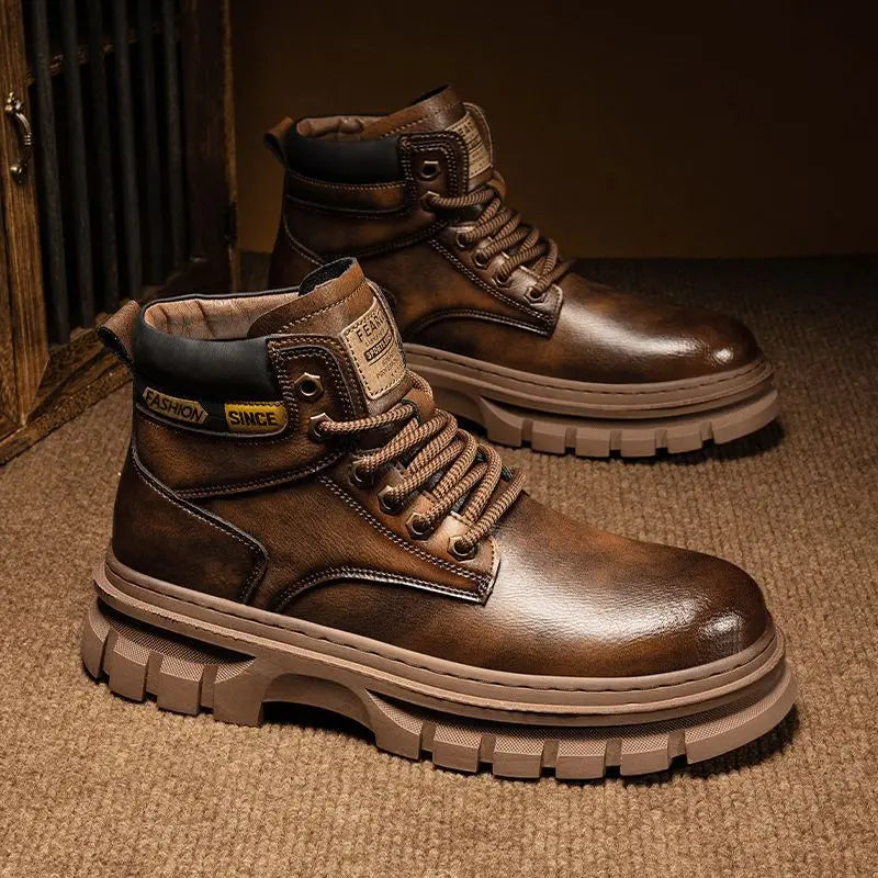 Vintage Men Platform Ankle Boots Autumn Winter British Chelsea Leather Boots Outdoor Non Slip Warm Casual Work Boot Botas Hombre