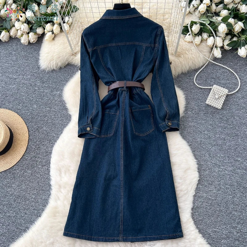 Autumn New Retro Style Quality Women's Split Denim Dress with Belt Fashion Long Jean Skirt Lady Elegant Vacation Cowboy Outfit