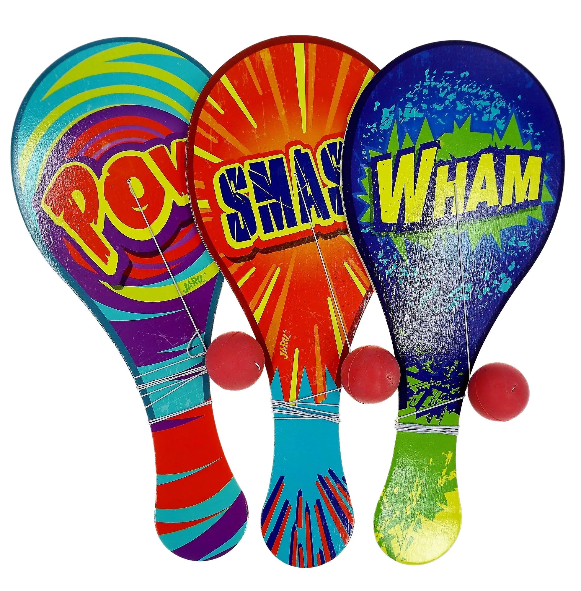 JA-RU Wooden-Paddle Ball with String (Pack of 3) Vintage Retro Toys Paddle Ball Set | for Kids Boy and Girl Toy | Indoor Outdoor Set Games | Party Favors Birthday. Plus 1 Bouncy Ball | 751-3p