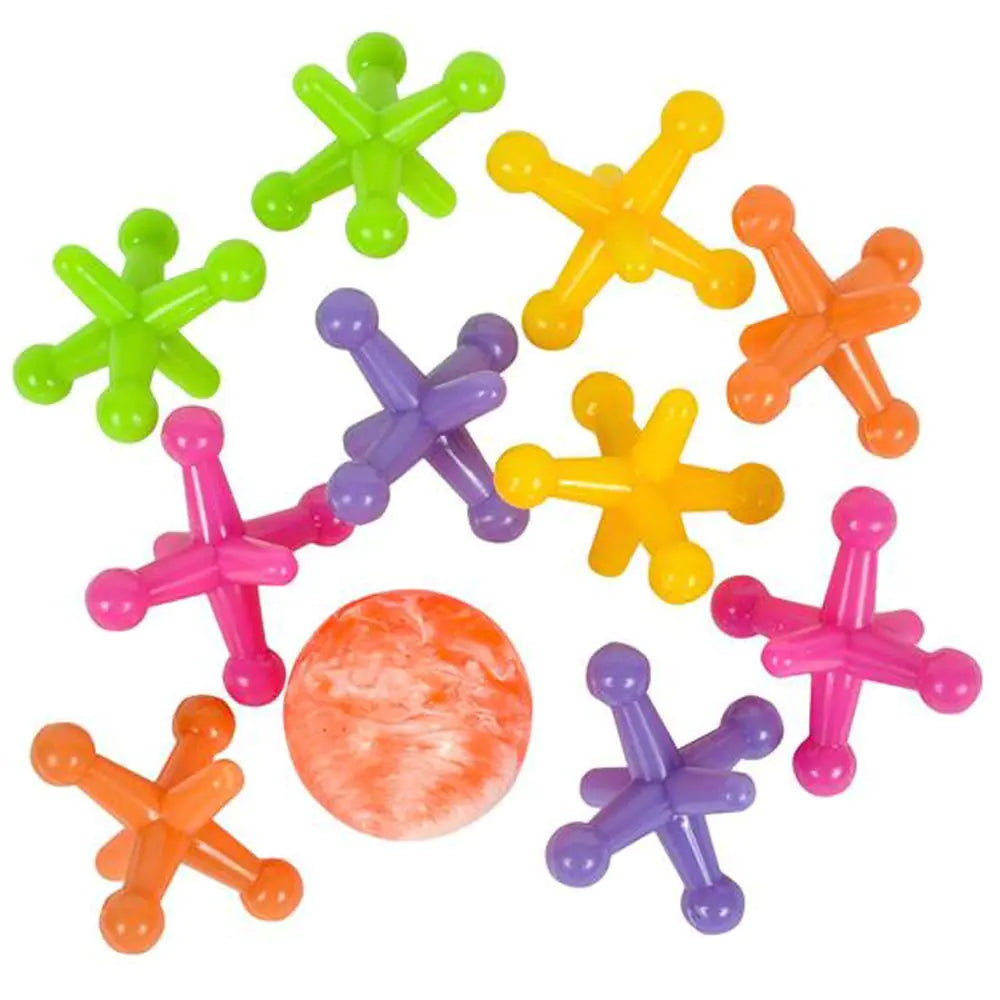 ArtCreativity Large Neon Jacks Game 3 Sets Each Set with 10 Plastic Jacks and 1 Marbleized Rubber Ball Vintage Toys Fun Activity for Kids Birthday Party Favors for Boys and Girls