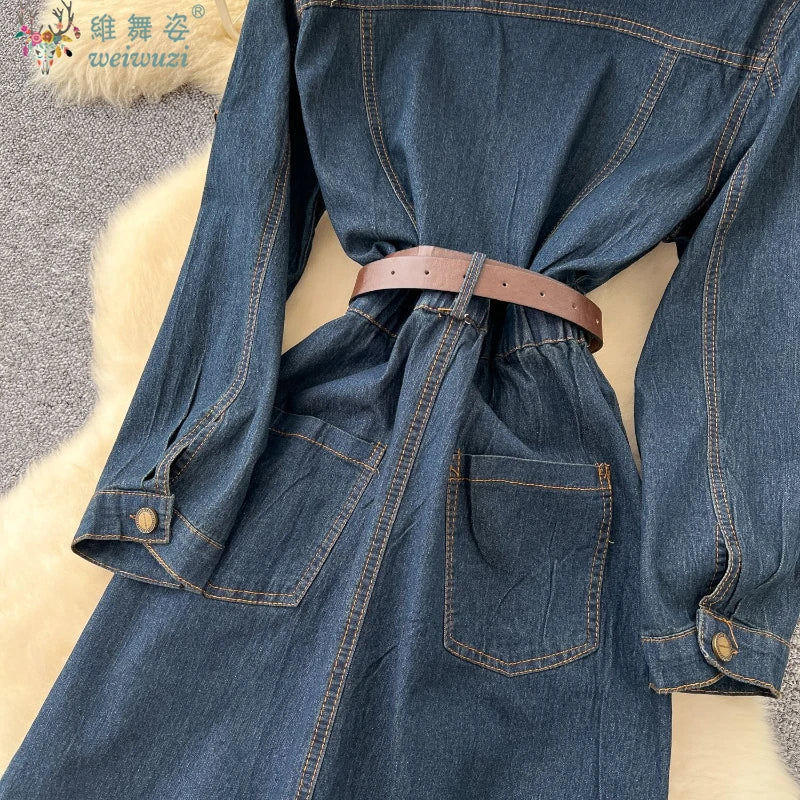 Autumn New Retro Style Quality Women's Split Denim Dress with Belt Fashion Long Jean Skirt Lady Elegant Vacation Cowboy Outfit
