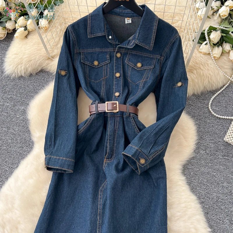 Autumn New Retro Style Quality Women's Split Denim Dress with Belt Fashion Long Jean Skirt Lady Elegant Vacation Cowboy Outfit