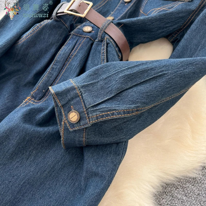 Autumn New Retro Style Quality Women's Split Denim Dress with Belt Fashion Long Jean Skirt Lady Elegant Vacation Cowboy Outfit