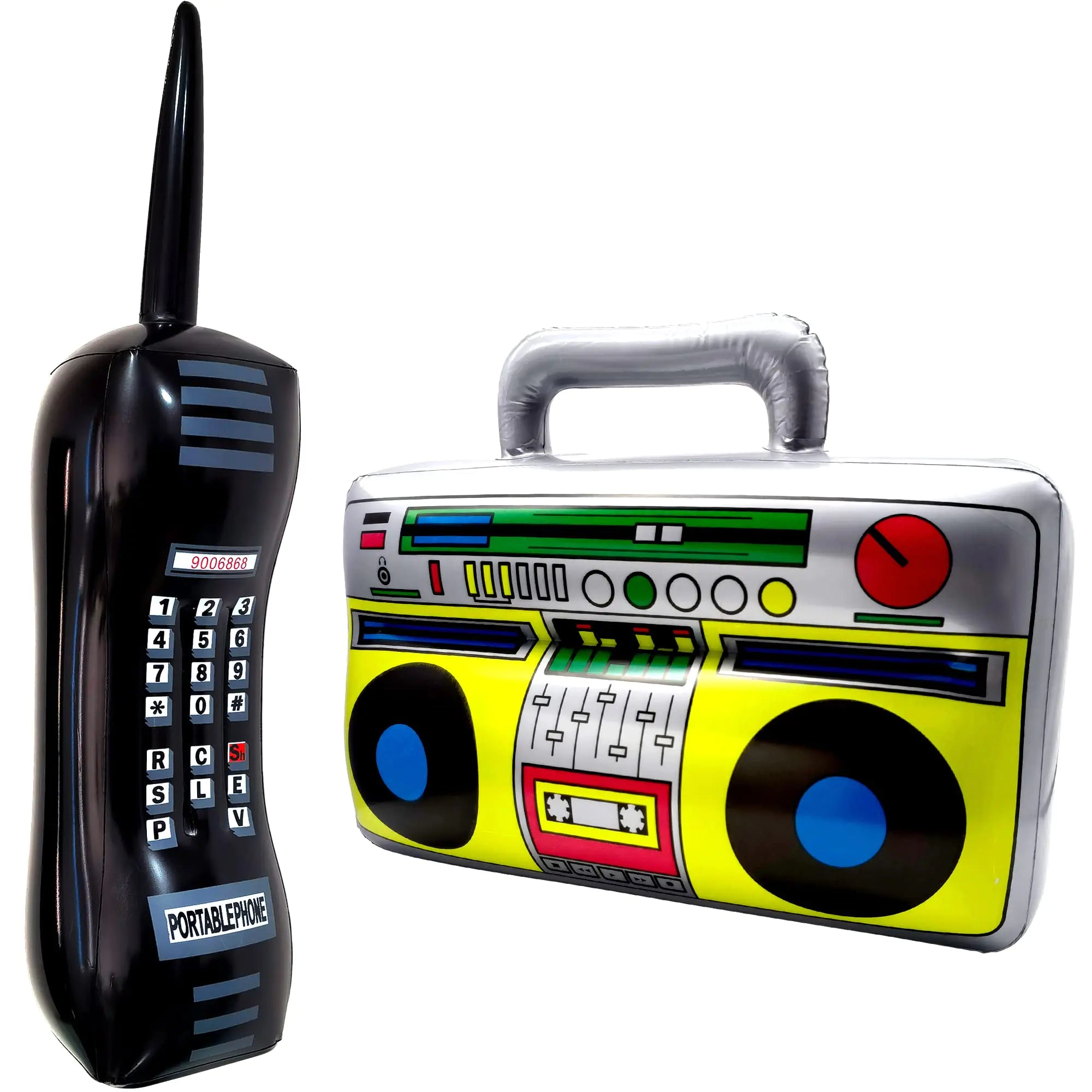 2 Packs Inflatable Cellphone and Boom Box 80’s Retro 90’s Throwback Mobile Phone and Radio Boombox for Booth Photo Props