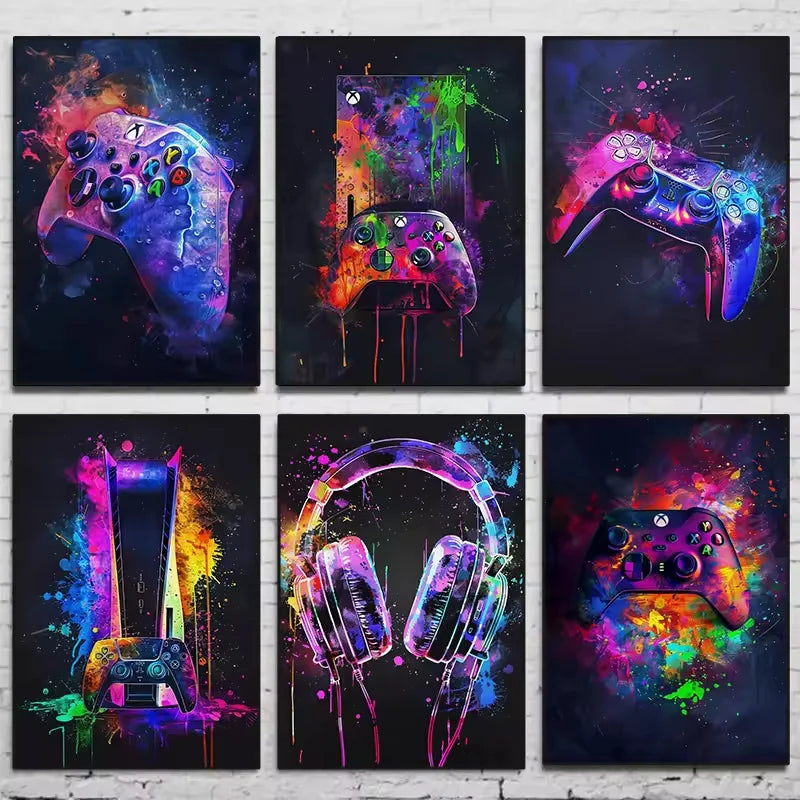 Watercolor Neon Video Game Canvas Paintings XBOX Prints GamePad Headset GAME Posters Gaming Wall Art Boys Gamer Room Home Decor