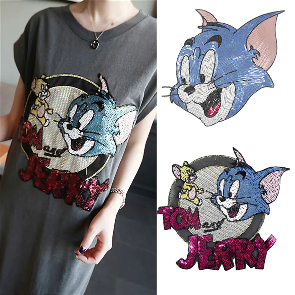 Cat and Mouse Sequin Fabric Iron-On Patch for Clothing