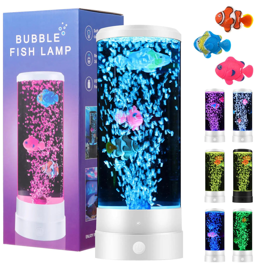 Lnrueg Bubble Fish lamp 4 Lighting Modes 16 Colors，Artificial Fish Tank Lava Night Light Battery and USB Powered Mini Bubble Lamp with Remote Control LED Bubble Fish Lava Lamp (White)