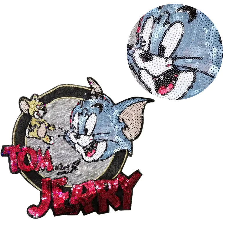 Cat and Mouse Sequin Fabric Iron-On Patch for Clothing