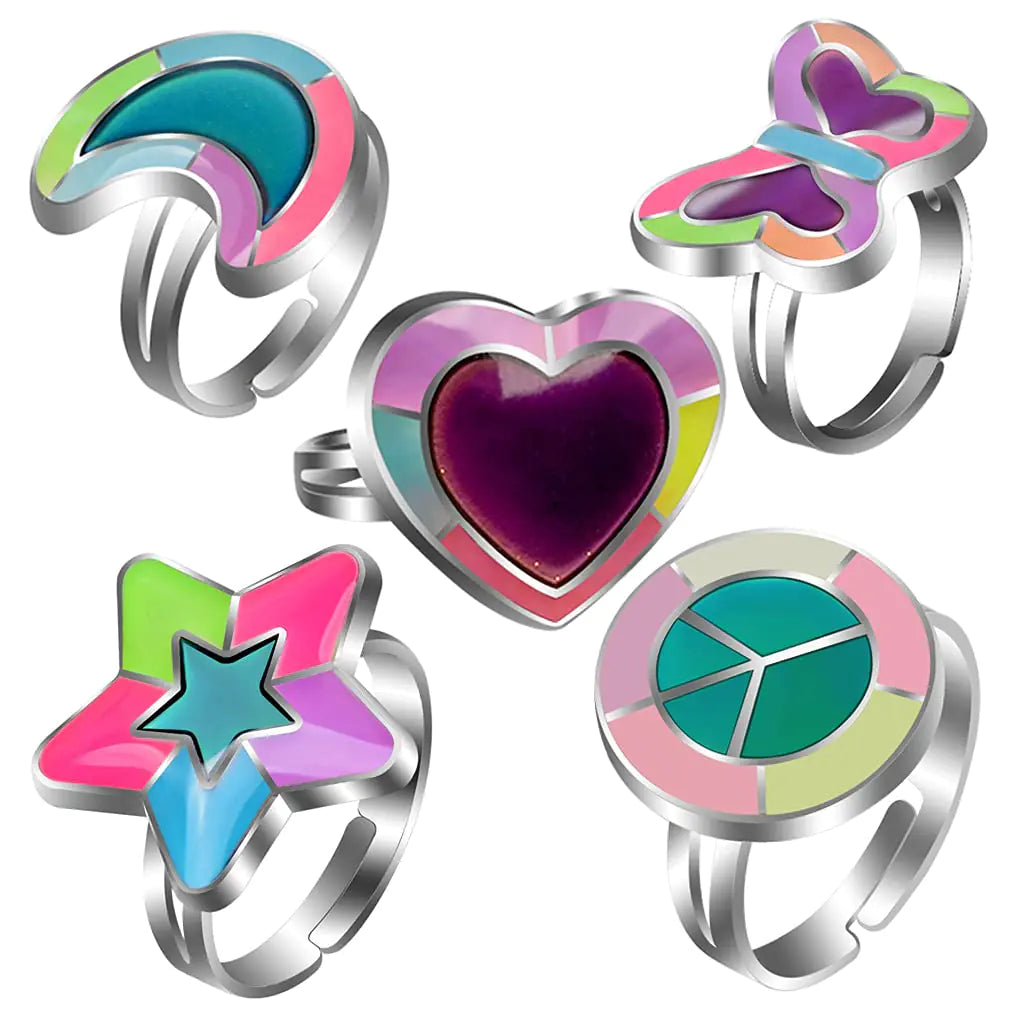 COLORFUL BLING Peace Mood Rings with Moon Love Heart Star Butterfly Pattern Color Changing Luminous Finger Ring for Women Cartoon Jewelry-5pcs