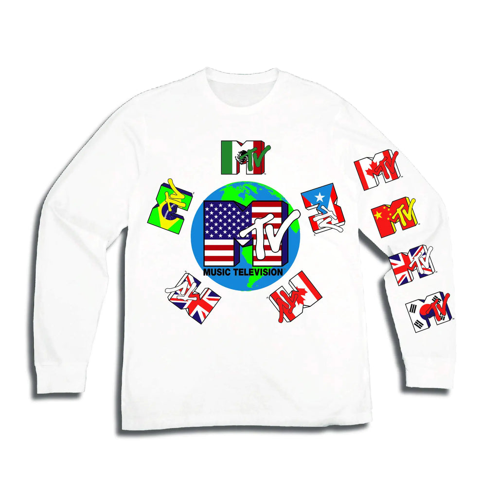 MTV Mens Long Sleeve Shirt - #TBT Mens 1980s 1990S Clothing - I Want My Music Television T-Shirt (White Flags Medium)