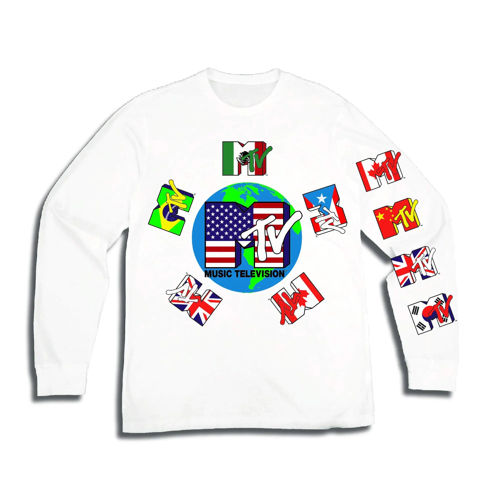 MTV Mens Long Sleeve Shirt - #TBT Mens 1980s 1990S Clothing - I Want My Music Television T-Shirt (White Flags Medium)